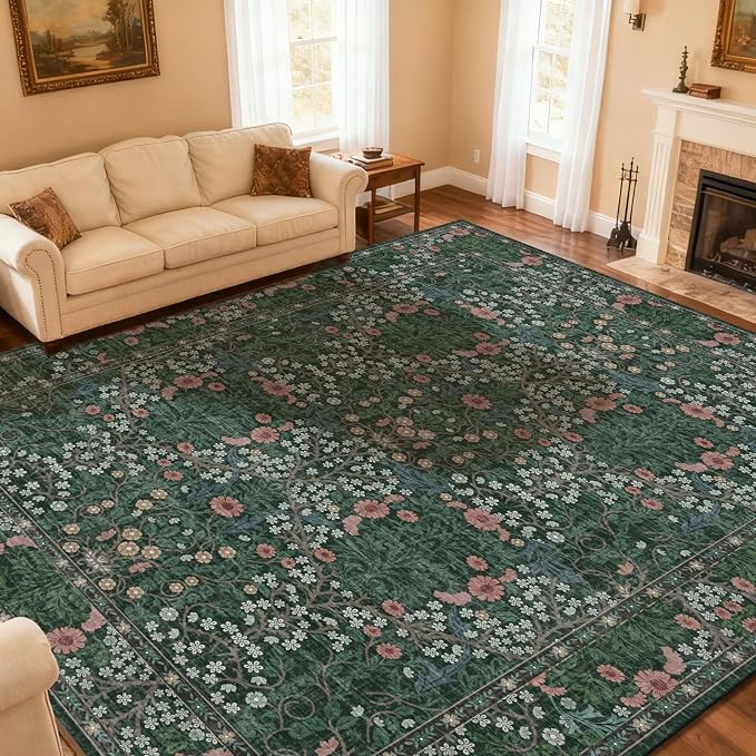 Extra Large 10x14 Area Rug for Living Room, Washable Rugs for Dining Room, Bedroom, Non Slip Stain Resistant Carpet, Low Pile Vintage Floral Rug (Green)