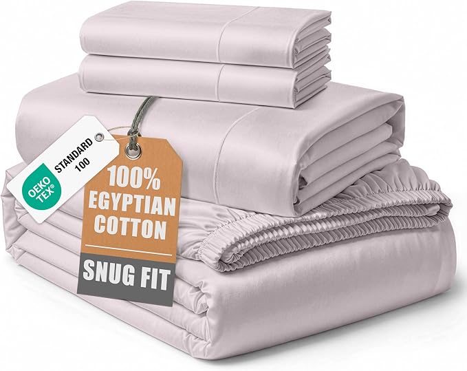 LANE LINEN King Size Deep Pocket Sheets Egyptian Cotton Sateen - Grey Lilac | King Bed Sheet Set - 4-Piece Set, For A Luxurious Night's Sleep, For A Silky Hotel-Style Bed, Guest-Ready Comfort