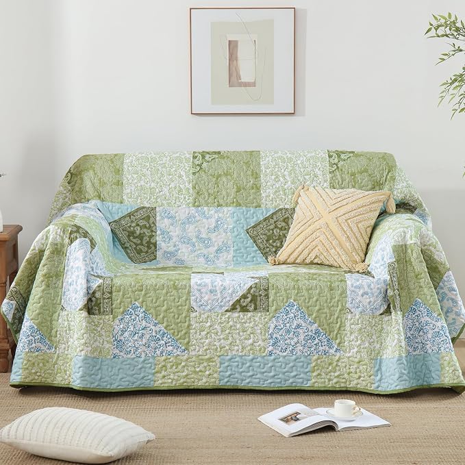 Mybedsoul Boho Quilt King Size, Patchwork Bedding Set, Sage Green | Soft Lightweight Microfiber Floral Coverlet Set, 3 Pieces Plaid Reversible Bedspread, Bed Sets for All Seasons 90"x110"
