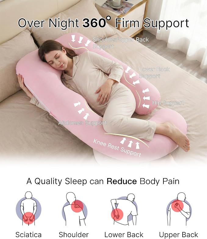 ALLOPERA Pregnancy Pillow, Full Body 57 Inch Maternity Pillow with Removable Washable Cover - Sleep Support for Legs, Back, Neck, Shoulder, HIPS, Belly for Pregnent Women, Pink Milk Fiber Cover