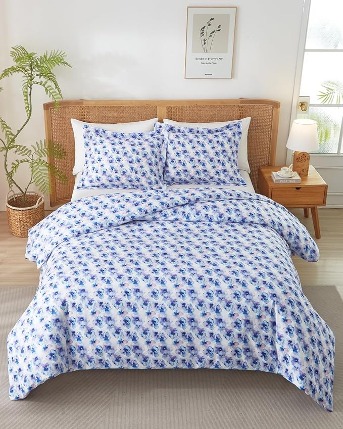 Duvet Cover Full Size - Floral Duvet Cover - 3 Piece - Blue Hydrangea | Soft Floral Duvet Cover 80 x 90 with 2 Pillow Shams, Zipper Closures & Ties, Floral Bedding for Women, Men, Kids & Teens