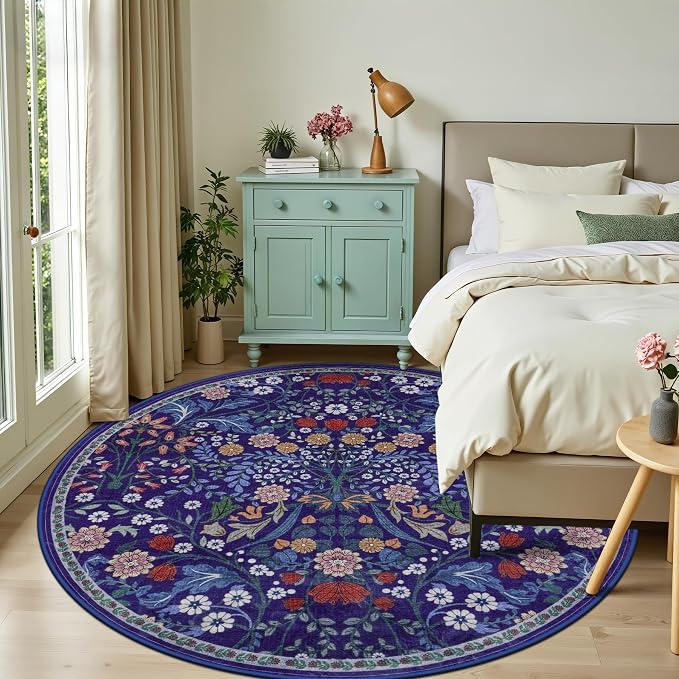 PLHXFR Round Area Rug Living Room: 8 ft Floral Washable Soft Carpet Blue | For Bedroom Dining Room Farmhouse Nursery Hallway,Vintage Floral,Machine washable,Non Slip,Stain Resistant,Large Indoor