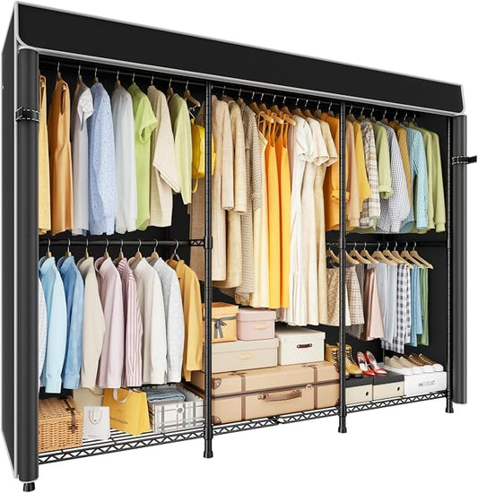 ULIFHOME E14C Pro Heavy Duty Closet Organizer System，Freestanding Clothing Racks for Hanging Clothes，Adjustable Garment Rack 69" W × 16" D × 77" H Hold 960 lbs，Black Rack with Black Dustproof Cover