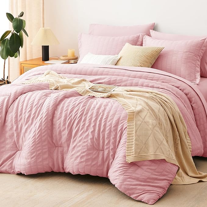 Queen Comforter Set, 7 Pieces Pink Seersucker Bed in a Bag | OEKO-TEX Certified, All Season Bedding Set with 240 GSM Down Alternative Comforter, Flat & Fitted Sheets, Pillowcases & Shams
