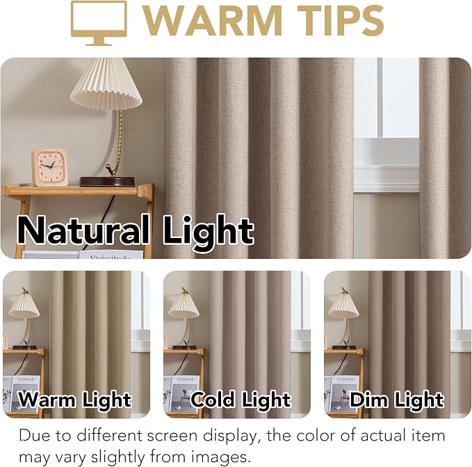 H.VERSAILTEX Linen Curtains 100% Blackout Curtains for Bedroom 84 inch Long Full Light Blocking Nature Linen Blended Window Curtains for Living Room Nickel Grommet (2 Panels, Heathered Sand)