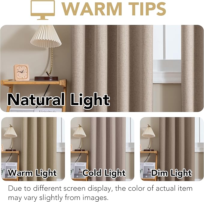 H.VERSAILTEX Linen Curtains 100% Blackout Curtains for Bedroom 45 inch Long Full Light Blocking Nature Linen Blended Window Curtains for Living Room Nickel Grommet (2 Panels, Heathered Sand)