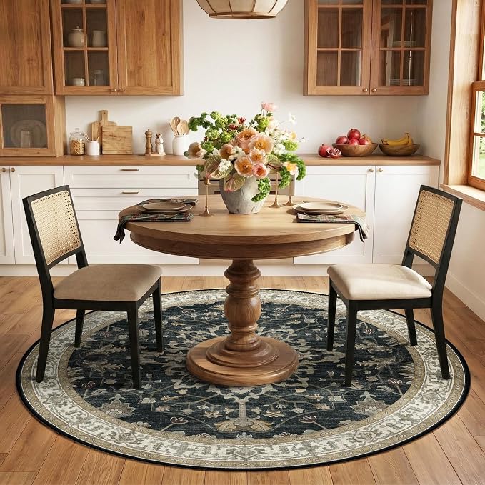 RELEANY Washable Area Rug, Round 6ft, Black/Vintage/Beige | Non-Slip, Water Repellent, Pet Friendly, Easy to Clean, Vintage Floral Boho Decor for Living Room Bedroom Dining Room