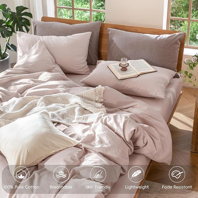 MooMee Duvet Cover Set 100% Washed Cotton Linen Like Full | Relaxed Linen-like Texture. Soft, Breathable & Long-lasting Comfort. Lightweight. Hidden Zipper with 8 Interior Corner Ties