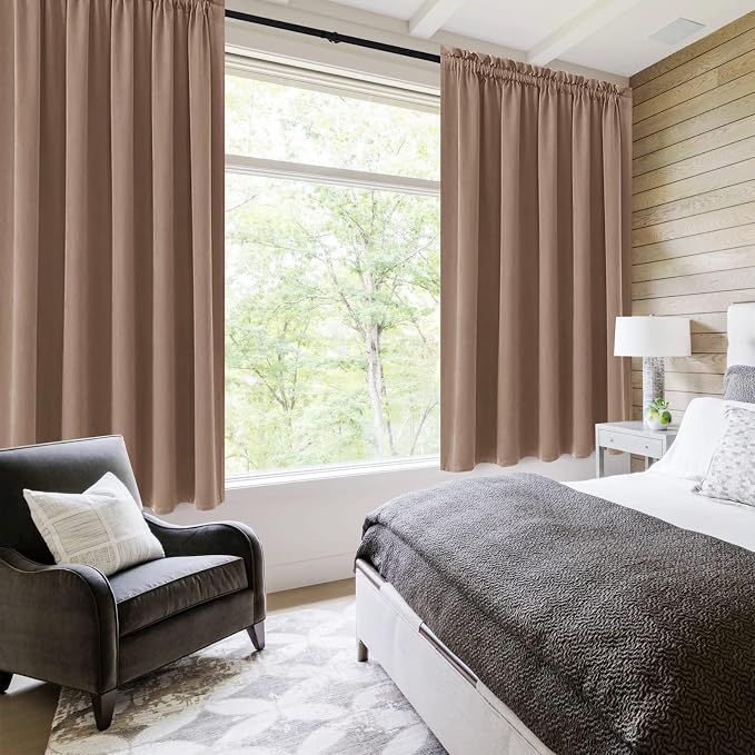 DWCN Wide Blackout Curtains for Bedroom Living Room 60 x 63 Inch Long Khaki | 2 Panels Set, Room Darkening, Thermal Insulated, Light Blocking, Rod Pocket Drapes, Noise Reducing Window Treatments
