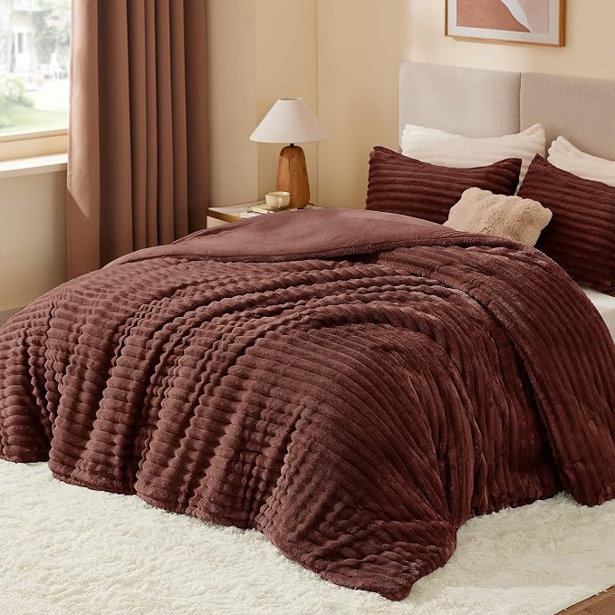 BEDELITE Fleece Queen Comforter Set, Fluffy Bed Set, Hot Chotolate | Super Soft & Warm Bedding, Luxury Fuzzy Faux Fur Comforter for Winter, Heavy Plush Bedding, with 2 Pillowcases