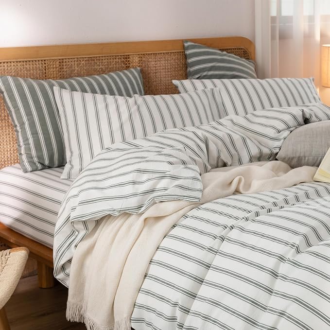 BESTOUCH Striped Cotton Duvet Cover Set Linen Feel California King | 100% Washed Cotton, Soft Wrinkle Texture, Hidden Zipper, 8 Ties, Breathable Lightweight Durable Comfy, 3 Pcs No Insert