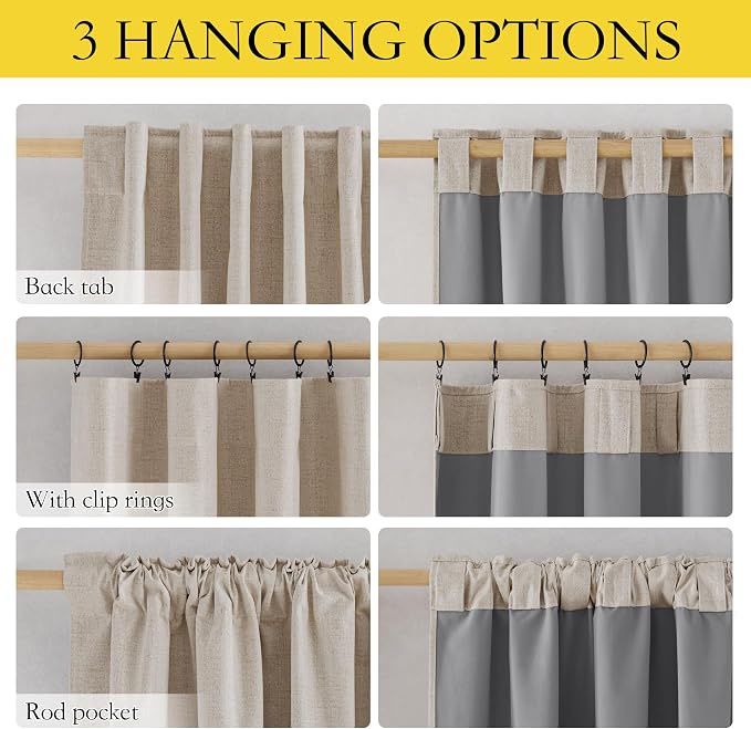 NICETOWN 100% Blackout Linen Curtains 108 inch Long 2 Panels, Natural | Rod Pock Thermal Insulated Long Drapes Noise Reducing, Privacy Protection Window Draperies for Master Bedroom, W52" x L108"