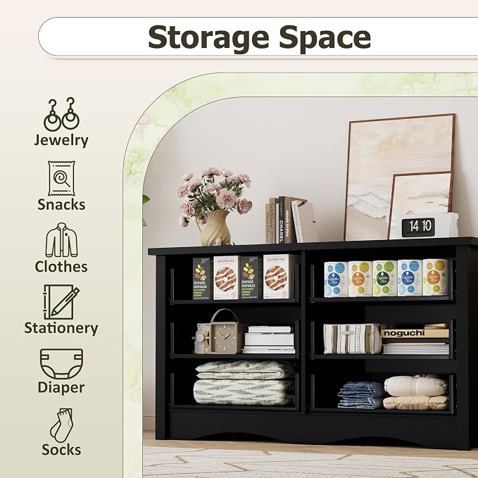 Shahoo Dresser for Bedroom with 6 Drawers, 47.2" Wood Dresser | Chests of Drawers, Anti-tip, Storage Organizer, TV Stand for Living Room, Closet, Hallway, Dormitory, Pure Black