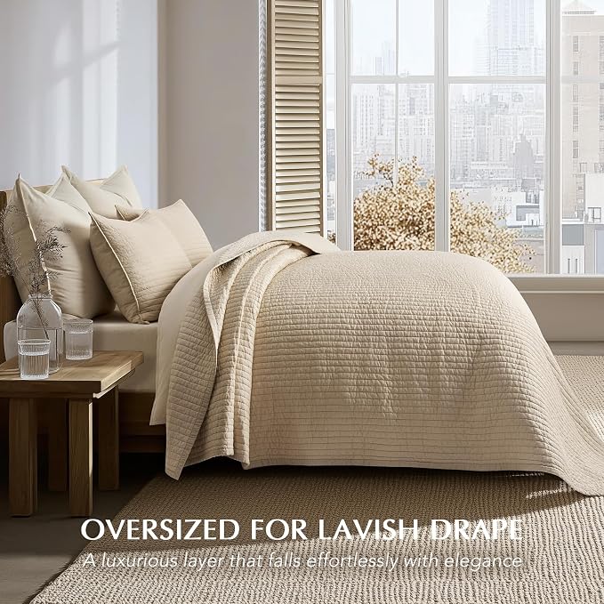 EVERGRACEHOME Cotton Sateen Quilt Set, Queen Size, Light Sand | 100% Cotton, Channel Stitch Coverlet Bedspread, Pre-Washed Lightweight Soft Bedding Set for All Season, 3 Piece, with 2 Shams