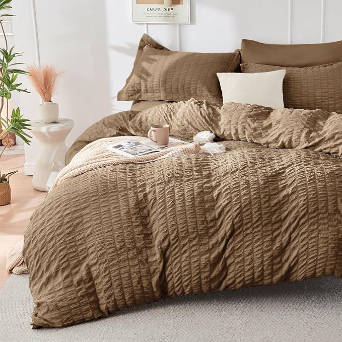 HYMOKEGE Brown Duvet Cover Full Size, Ultra Soft 3-Piece Seersucker Duvet Cover Set with Zipper Closure, Soft Brushed Microfiber Bedding Set with 8 Corner Ties (80"x90", 2 Pillowshams)
