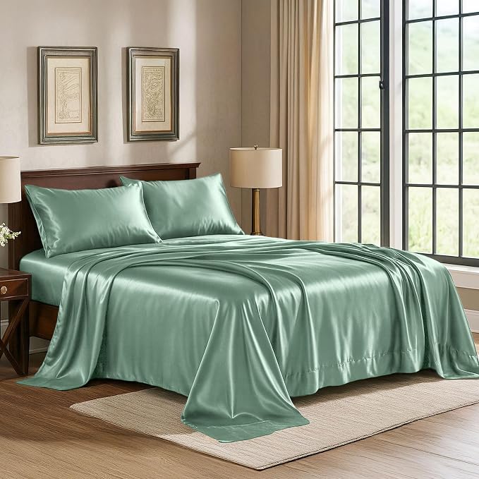 Satin Sheets Full [4-Piece, Champagne Green] Hotel Luxury Silky Bed Sheets - Extra Soft 1800 Microfiber Sheet Set, Wrinkle, Fade, Stain Resistant - Deep Pocket Fitted Sheet, Flat Sheet, Pillow Cases