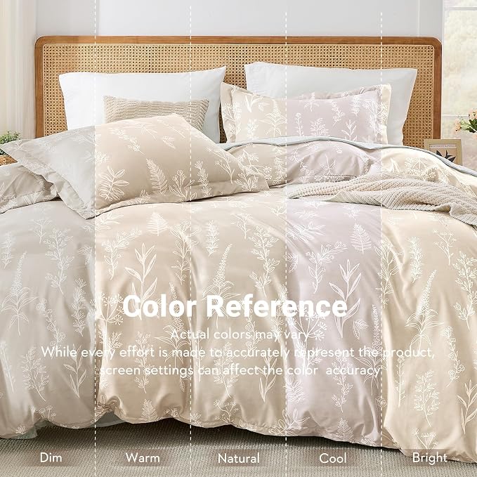 MUXHOMO Duvet Cover King Size, Reversible Floral Beige Duvet Cover Set with Zipper Closure, 3 Pieces Botanical Patterns Soft Microfiber Bedding Set (90"x104", 2 Pillow Cases 20"×36")