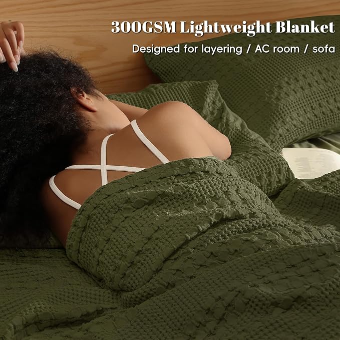 PHF Lightweight 100% Cotton Waffle Blanket for Bed, Queen, Capulet Olive | Pre-Washed Soft Cotton Comfort, Breathable Layering Warmth for Fall & Winter, Bed, Sofa, Couch, Home Decor & Gifts