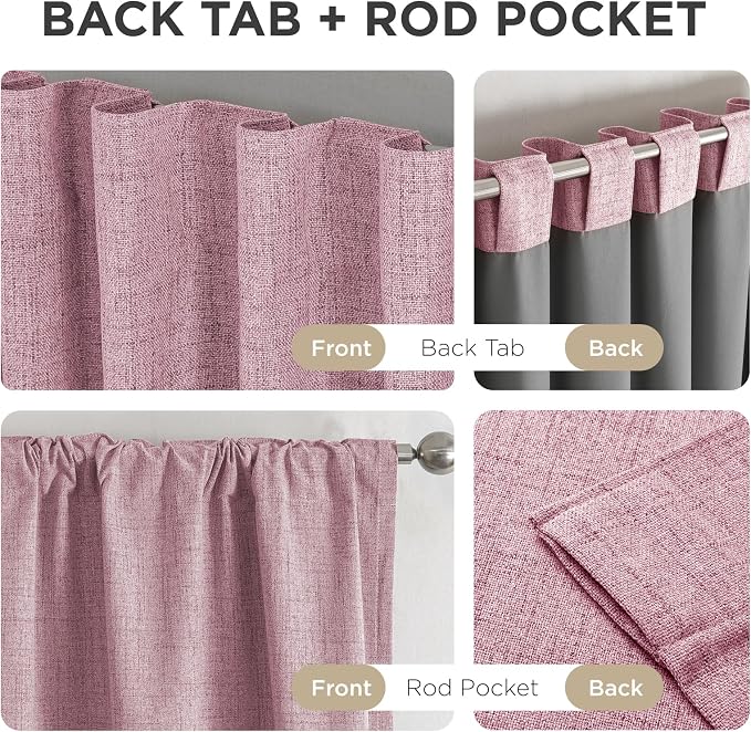 Joydeco Linen Blackout Curtains for Bedroom - 100% Light Blocking 1 Panels, Pink Drapes 100" W x 84" L, Thermal Insulated Room Darkening Curtains for Living Room, Rod Pocket & Back Tabs