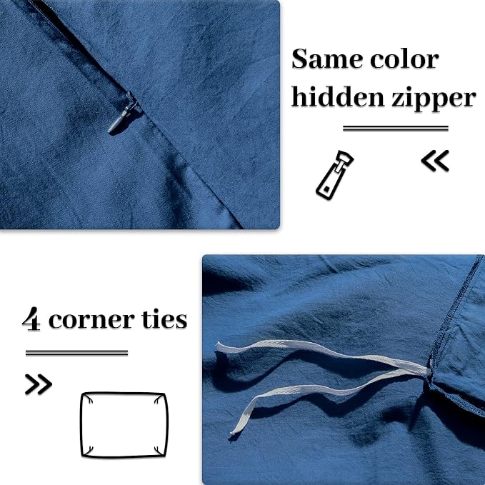 NEXHOME PRO 100% Washed Cotton Duvet Cover Super King 108"x98", Organic Natural Linen Look Textured 3 Pieces Bedding Set Royal Navy Klein Blue Breathable (No Comforter)