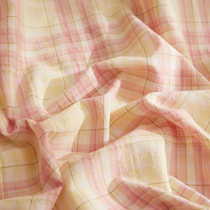 LifeTB Pink & Yellow Plaid Comforter Set Twin XL, Modern Style 3 Piece Gingham Comforter with 2 Pillowcases, Fluffy Soft Farmhouse Grid Bedding Set, Vintage Plaid Checkered Comforter for All Season