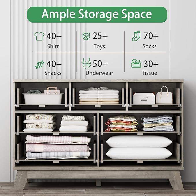 Xixini Fluted Dresser for Bedroom with 7 Drawers, 48" Wide Modern Chest of Drawers with Metal Handle, Wood Dresser TV Stand, Wooden Closet Clothes Storage Organizer for Living Room, Hallway, Grey