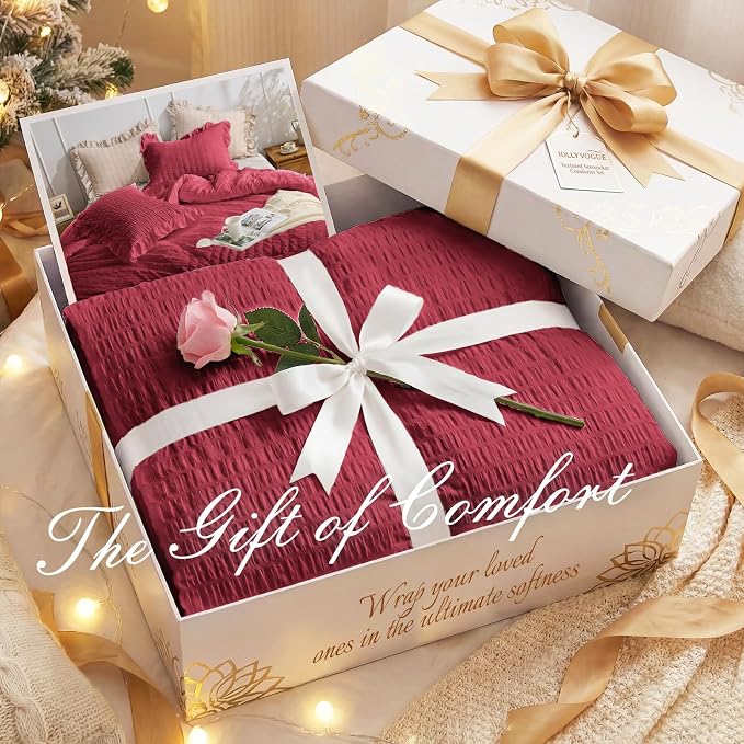 JOLLYVOGUE Burgundy Queen Comforter Set, 3 Pieces Seersucker Comforters Queen Size, Lightweight & Fluffy Bedding Sets for All Season with 1 Ruffle Comforter and 2 Ruffle Pillowshams