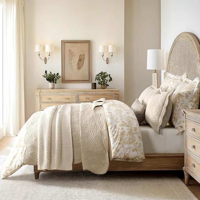 100% Cotton Scallop Quilt Set, Queen Size, Flax Beige | Scalloped Border, Timeless Chic Aesthetic, All-Season Comfort, Perfect French Country Bedroom Decor, 3 Piece Set with 2 Shams