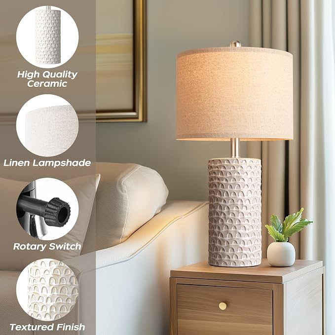 23" Modern Ceramic Table Lamp Set of 2, Table Lamps for Living Room, Rustic Farmhouse Bedside Lamps Nightstand lamp for Bedroom, White Desk Lamp for End Table Home Decor Beige