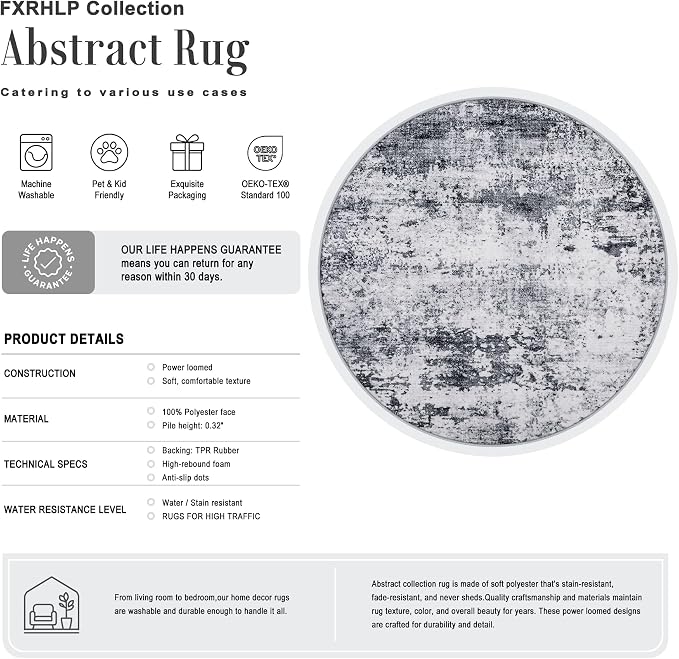 Round Area Rug Living Room: 6 ft Modern Washable Carpet Grey | For Bedroom Dining Room Farmhouse Nursery Hallway Office,Modern Abstract,Machine washable,Non-Slip,Stain Resistant,Indoor