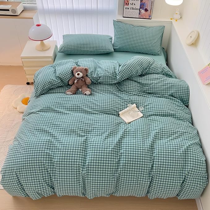 LifeTB Green Gingham Comforter Set Full Size Geometric Plaid Checkered Pattern Comforter Green Grid Plaid Printed Bedding Comforter Set with 2 Pillowcases Fluffy Soft Gingham Bedding Set Breathable