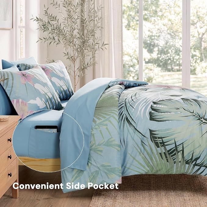 Queen Comforter Set - 7 Pieces Soft Floral Bed in a Bag Queen Bedding Sets | Tropical Palm Leaf Comforter Set with Sheets, Pillowcases & Shams for All Seasons, Blue