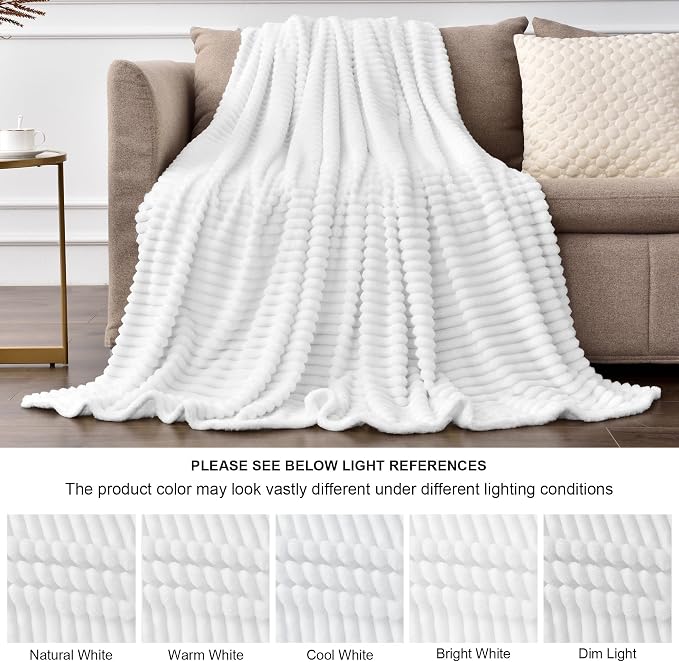 BEDELITE Ribbed Jacquard White Fleece Throw Blanket for Couch, 50x70 Inch | Soft Warm Decorative Fluffy Blanket, Cozy Plush Lightweight Fuzzy Throw Blanket for Bed Sofa Home Room Decor, Gift for Women