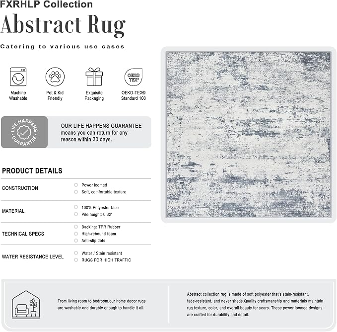 Area Rug Living Room: 6x6 Modern Washable Soft Carpet Blue Grey | For Bedroom Dining Room Farmhouse Nursery Hallway Office,Modern Abstract,Machine washable,Non-Slip,Stain Resistant,Indoor