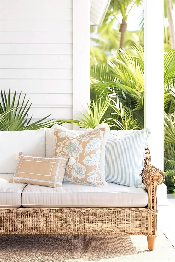 Hofdeco Premium Coastal Patio Indoor Outdoor Scalloped Throw Pillow Cover Only, 20"x20" Water Repellent for Backyard, Couch, Baby Blue Print Stripes