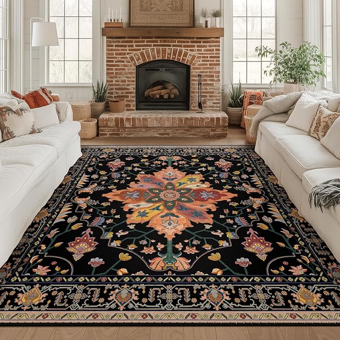 RELEANY Washable Area Rug, Square 8'x8', Black/Colorful | Non-Slip, Water Repellent, Pet Friendly, Easy to Clean, Vintage Floral Boho Decor for Living Room Bedroom Dining Room Office