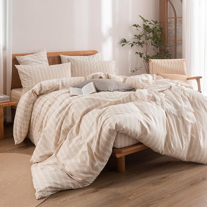 BESTOUCH Striped Cotton Duvet Cover Set Linen Feel Queen | 100% Washed Cotton, Soft Wrinkle Texture, Hidden Zipper, 8 Ties, Breathable Lightweight Durable Comfy, 3 Pcs No Insert