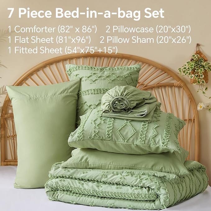 BEDELITE Full Comforter Set 7 Pieces,Boho Bed in a Bag,Sage Green | Tufted Bed Set for All Seasons,Soft Farmhouse-Style Embroidery Bedding,Includes Flat & Fitted Sheets,2 Pillowcases & 2 Shams