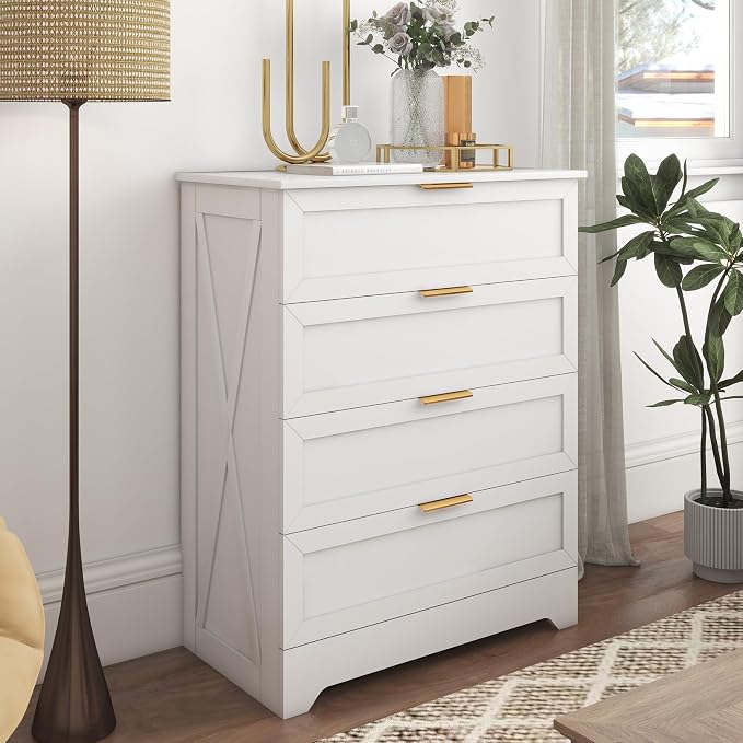 FTZxHKLX White 4 Drawer Dresser for Bedroom, Modern Chest of Drawers | Tall Bedroom Dresser with Large Drawer, Wooden Storage Dresser, Chest of Drawer for Closet, Living Room, Hallway, Nursery
