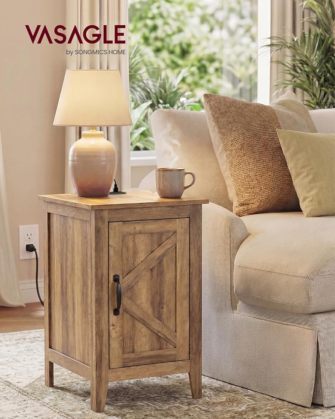 VASAGLE LIRY Collection - End Table with Charging Station, Narrow Side Table with Storage Cabinet, Nightstand for Bedroom, Home Office, Warm Brown ULET131K101S
