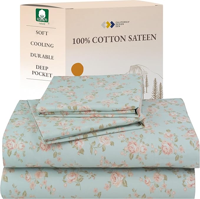 Soft Natural 100% Cotton Sateen Full Sheets, 4 Pc Set, Vintage Rose Print | Backed by Good Housekeeping Seal, Light & Breathable For Hot Sleepers, 14" Deep Pocket, All-Around Elastic, Durable