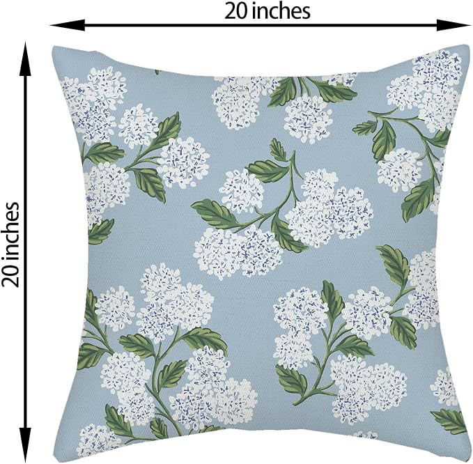 Light Blue Pillow Covers 20x20 Inch 2 Pcs Blue Green Hydrangea Flower Decor Throw Pillows Vintage Floral Seasonal Spring Summer Outdoor Decoration Pillowcase Linen Cushion Cover for Couch Sofa