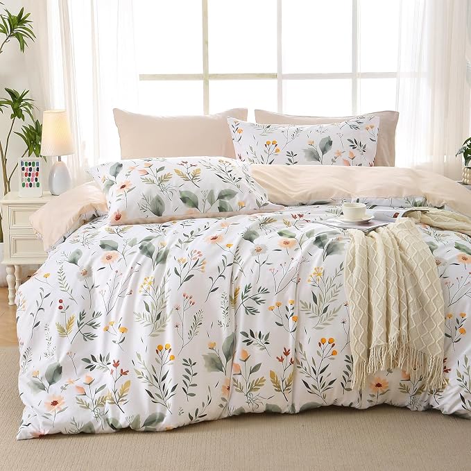 MUXHOMO Duvet Cover Queen Size, Reversible Floral Vintage Duvet Cover Set with Zipper Closure, 3 Pieces Botanical Patterns Soft Microfiber Bedding Set (90"x90", 2 Pillow Cases, Garden Leaves White)