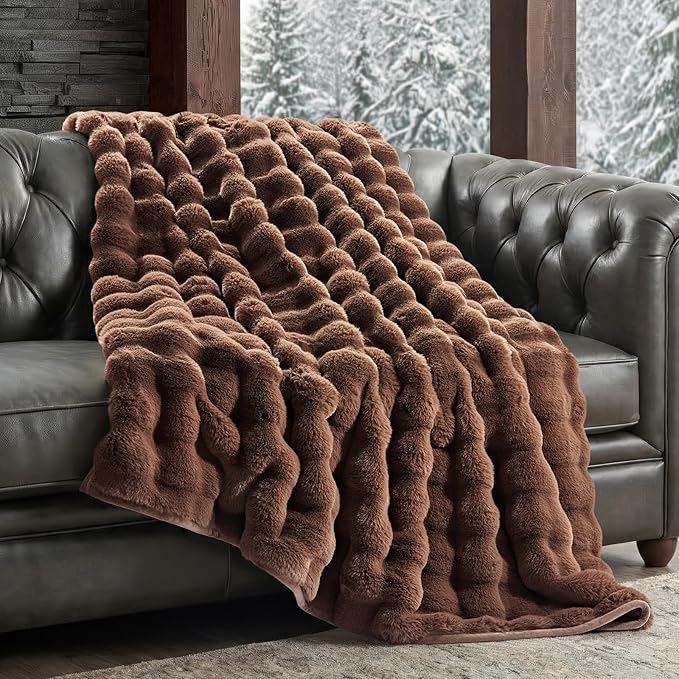 EverGrace Faux Rabbit Fur Bubble Throw Blanket, 50"x60", Chestnut | Ultra Soft, Luxury Faux Rabbit Fur Throw, Thick Warm Bubble Blanket, Cozy Fluffy Reversible, for Bed, Couch, Chair, Sofa