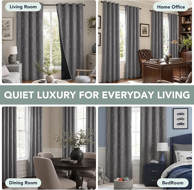 Deconovo 100% Blackout Living Room Curtains 84 Inches Long, Black Backing | Silver Line Foil Pattern Drapes, Thermal Insulated, Room Darkening, Grommet, 2 Panels Set, Light Grey, 52 x 84 Inch