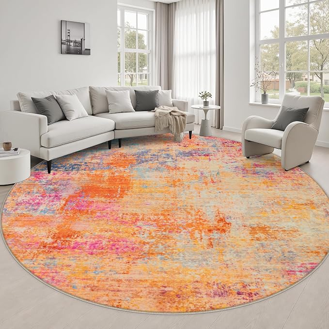 Round Area Rug Living Room: 6 ft Modern Washable Indoor Carpet | For Bedroom Dining Room Farmhouse Nursery Hallway Office,Modern Abstract,Machine washable,Non-Slip,Stain Resistant,Indoor