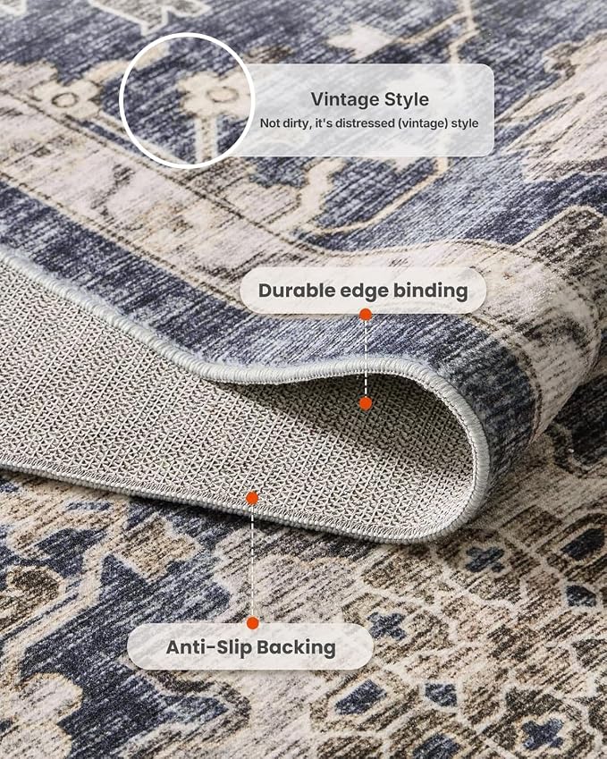 AMADA HOMEFURNISHING 9x12 Washable Area Rug, Low-Profile Large Area Rug with Non-Slip Backing & Durable Edge Binding, Vintage Large Rugs for Living Room, Bedroom & Dining Room