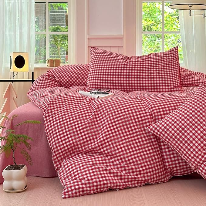 LifeTB Queen Comforter Set Red Gingham Comforter Modern Style Plaid Boho Comforter Set 3 Pieces Fluffy Grid Checkered Comforter with 2 Pillowcases Farmhouse Gingham Bedding Set Queen Size