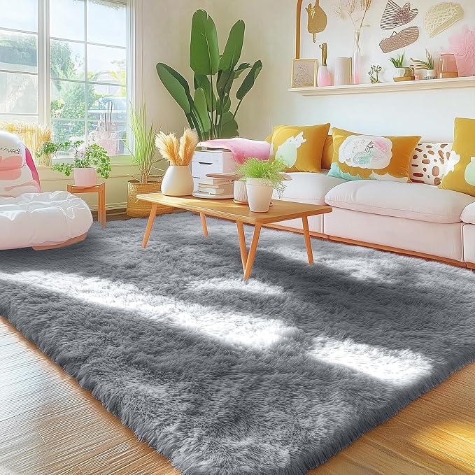 OLANLY Area Rugs for Living Room Bedroom, Machine Washable 4x5.9 ft Soft Fluffy Shaggy Bedside Rug, Indoor Floor Carpet for Kids Girls and Boys, Dorms, Nursery Rooms, Home Decor, Silver Grey