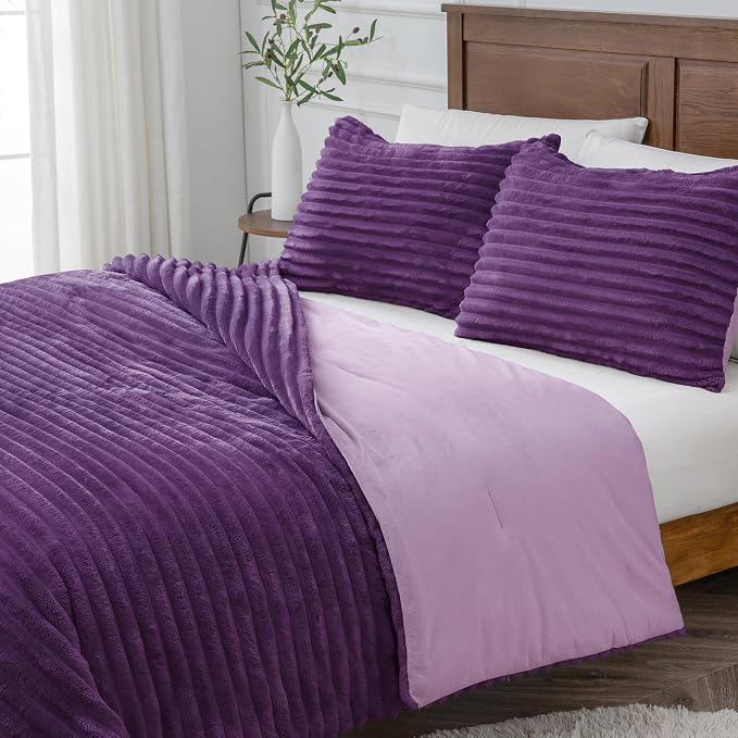 BEDELITE Fleece King Comforter Set, Fluffy Bed Set, Purple | Super Soft & Warm Bedding, Luxury Fuzzy Faux Fur Comforter for Winter, Heavy Plush Bedding, with 2 Pillowcases